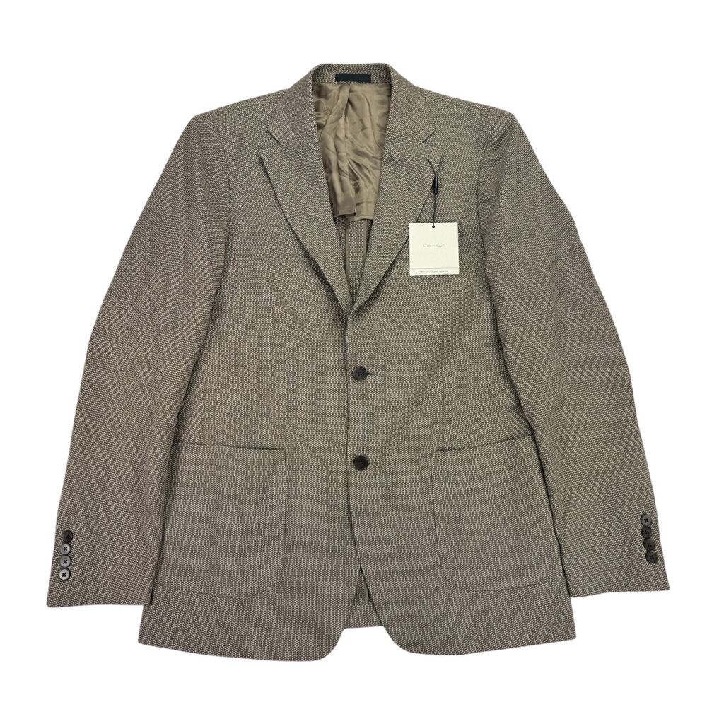 Calvin Klein Mens Slim Fit Wool Blend Textured Stretch Sport Coat Tan Brown 42L